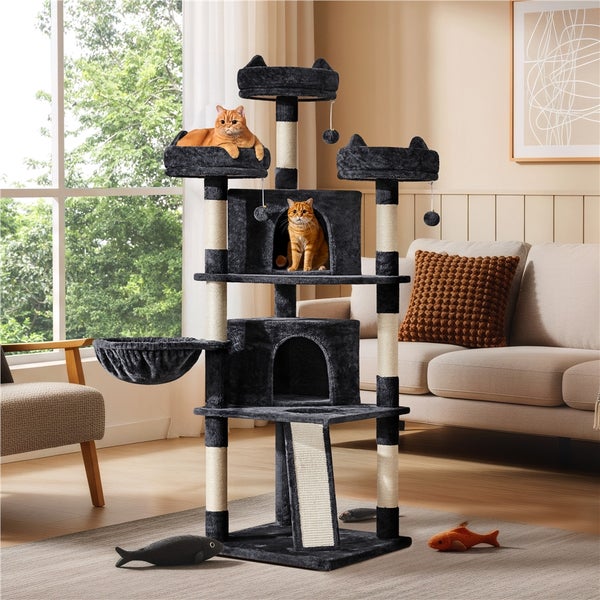 Katzenkratzbaum mit mehreren Ebenen, Kratzsäulen, zwei Katzenhäusern und zwei Katzen
