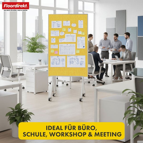 Freistehende, gelbe Pinnwand auf Rollen in einem Büro