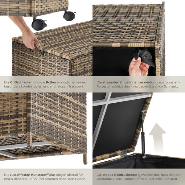 Auflagenbox tectake Kuusamo 117 x 54 x 64 cm mit Aluminiumgestell und Rattangeflecht natur