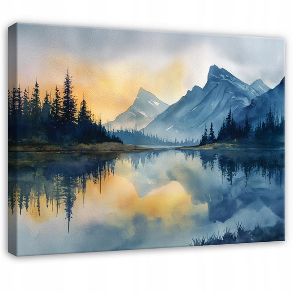 Wandbild auf Leinwand mit Aquarellmalerei einer Berglandschaft, See und Tannenwald bei Sonnenuntergang.