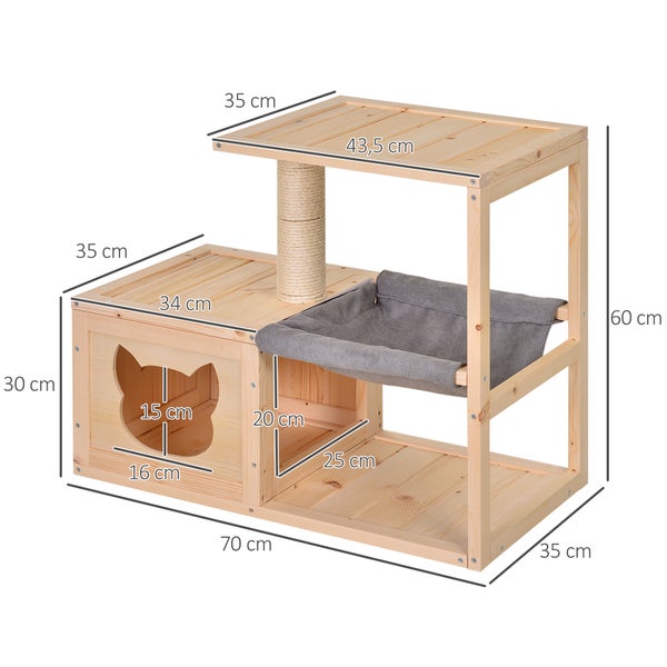 Katzenbaum aus Holz mit Kratzstamm, Höhle und Liegefläche, mit Maßangaben
