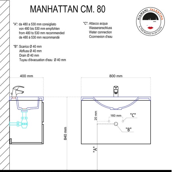 80cm Badmöbel-Set, 4-teilig, Holzoptik weiß | Manhattan