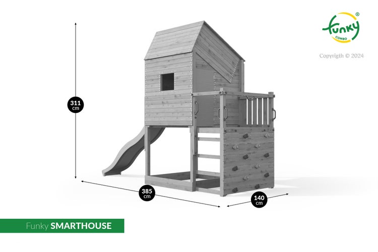 Funky Combo Spielhaus Smarthouse aus Holz mit Rutsche und Kletterwand. Maße: Höhe 311 cm, Breite 385 cm, Tiefe 140 cm.