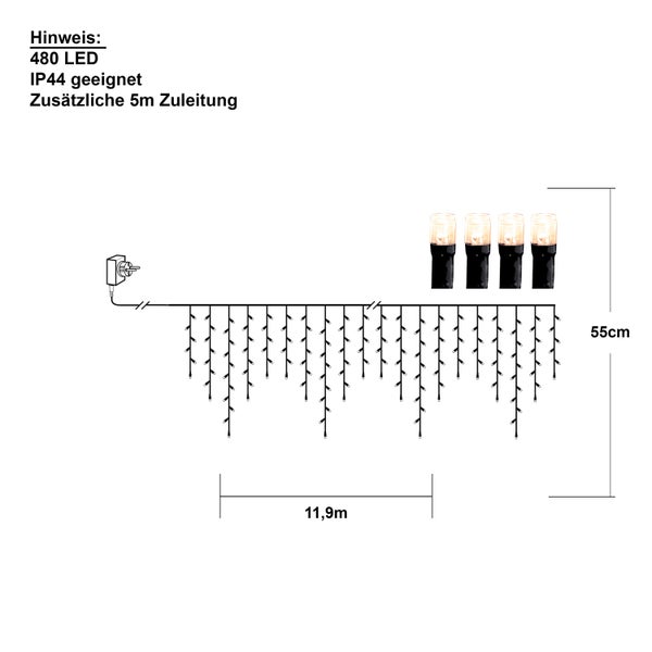 Festlich gedeckter Tisch mit elektrischen Lichterbögen, Dekoration und Geschirr.