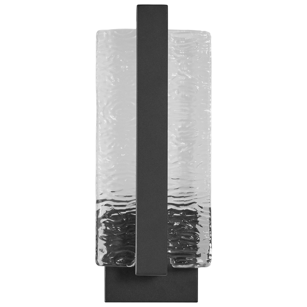 Rechteckige Außenwandleuchte aus Metall mit strukturiertem Glas und vertikaler Strebe.