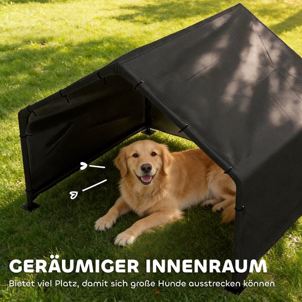 Schwarzes Sonnenzelt für Hunde auf einer Wiese mit einem liegenden Golden Retriever im geräumigen Innenraum.