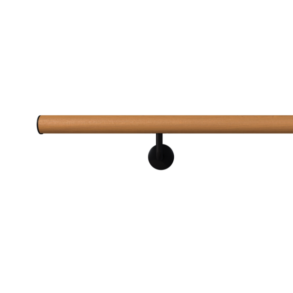Wandhandlauf aus Holz mit schwarzen Endkappen und einer schwarzen Wandhalterung.
