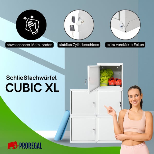 Schließfachwürfel CUBIC XL aus Metall mit Zylinderschloss, verstärkten Ecken und abwaschbarem Boden für Sport und Garderobe.