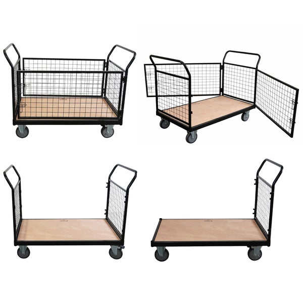 Vier Ansichten eines Gitterwagens mit Holzboden und Rollen