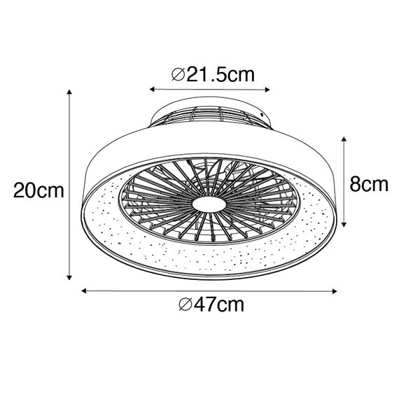 Maßzeichnung eines Deckenventilators mit Licht: Höhe 20 Zentimeter, Seitenhöhe 8 Zentimeter, oberer Durchmesser 21,5 Zentimeter, unterer Durchmesser 47 Zentimeter.