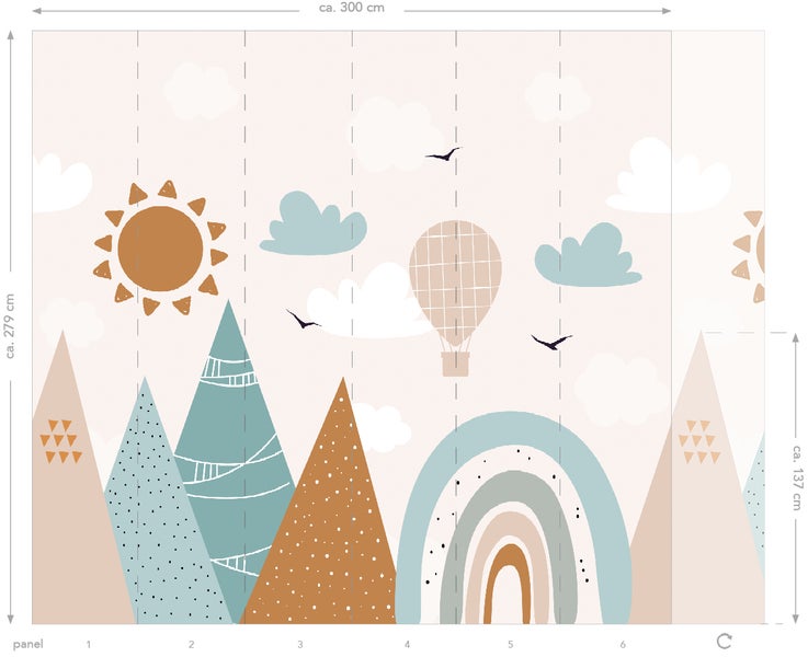 Tapete mit Bergen, Sonne, Wolken, Regenbogen und Heißluftballon