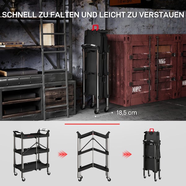 Faltbarer Servierwagen mit drei Ebenen und Rollen, platzsparend verstaubar mit einer Breite von 18,5 Zentimetern im zusammengeklappten Zustand.