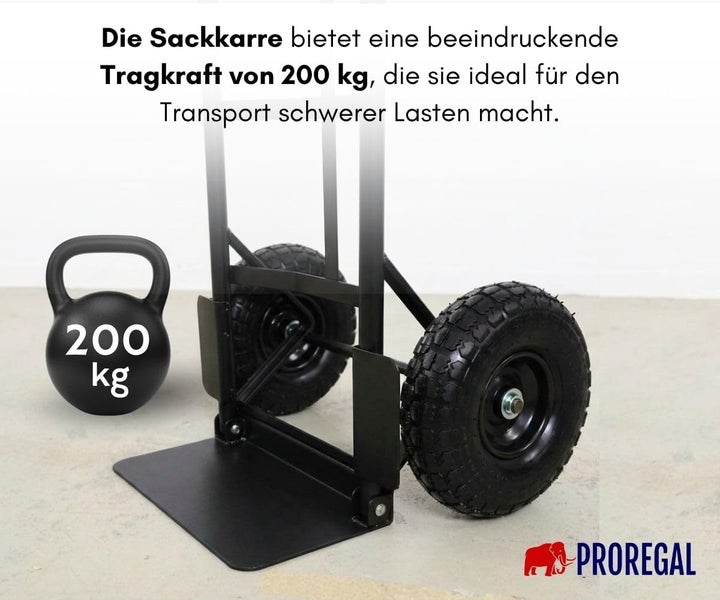 Proregal Sackkarre mit einer Tragkraft von 200 Kilogramm, Detailansicht der Ladeschaufel und der Luftreifen.
