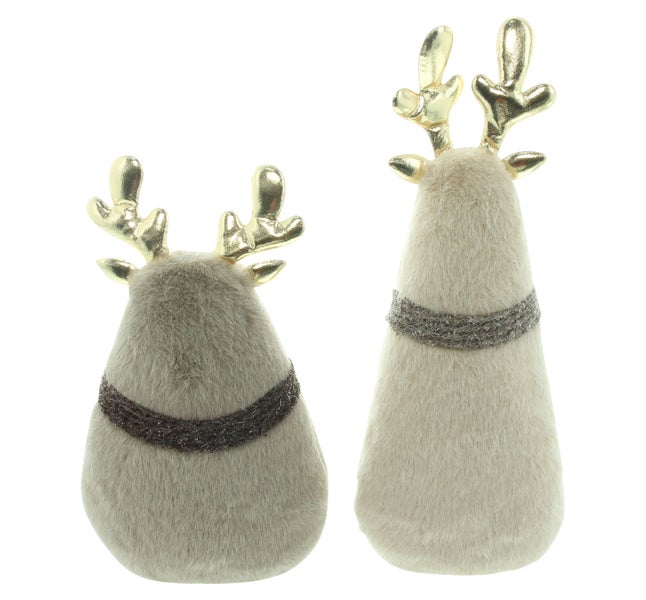 Zwei dekorative Rentierfiguren aus Plüsch mit Geweih als weihnachtliche Tischdekoration