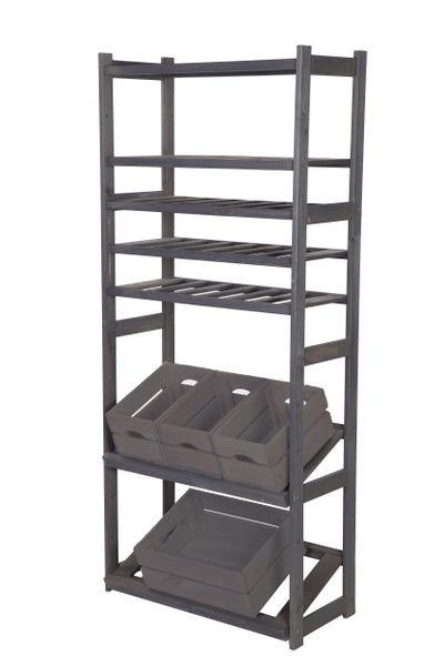 PROREGAL Getränkekisten- & Weinregal SPREEWALD HxBxT 163x70x33cm 18 Flaschen auf 3 Ebenen + 2 Ebenen für Kisten + 2 Ablagen Massives Kiefernholz Grau geölt