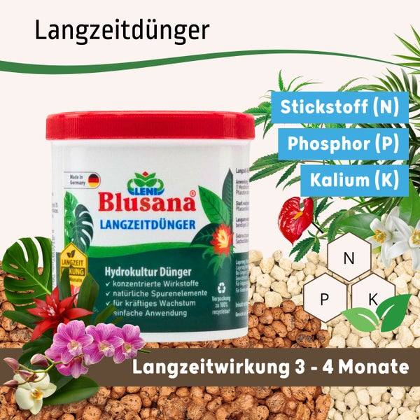 Blusana Langzeitdünger für Hydrokultur mit dem Hinweis Langzeitwirkung drei bis vier Monate