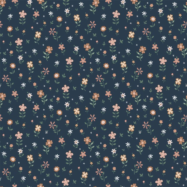 Blumenmuster mit Blüten und Sternen auf dunklem Hintergrund