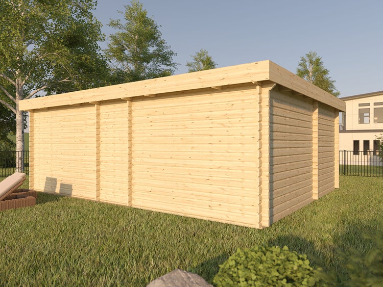 Modernes Gartenhaus aus hellem Holz mit Flachdach in einem hellen Garten auf einer Rasenfläche.