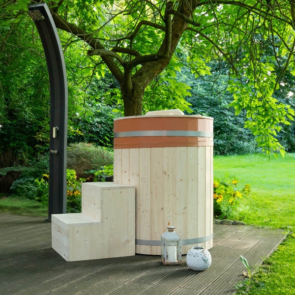 Home Deluxe - Cold Tub ARUM ⌀ 72 cm, Außenhöhe 100 cm, Nordische Fichte, inkl. Abdeckung und Treppe I Badefass Badetonne Eistonne