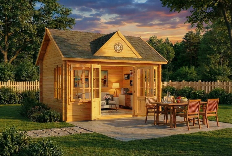 Holz-Gartenhaus mit Satteldach, großen Glas-Doppeltüren und Fenstern auf einer Steinterrasse mit Holz-Sitzgruppe im Garten.