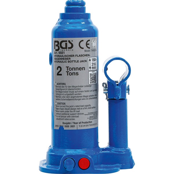 Hydraulischer Flaschen-Wagenheber von BGS technic mit 2 Tonnen Tragkraft und einem Hubbereich von 168 bis 316 Millimetern.