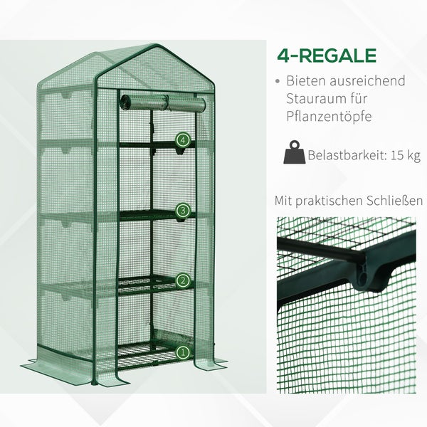 Outsunny Mini-Gewächshaus, Anzuchtgewächshaus mit Folienabdeckung und 4 Regalböden Regale Rolltür, 69 x 49 x 158 cm, Metall, PE, Grün