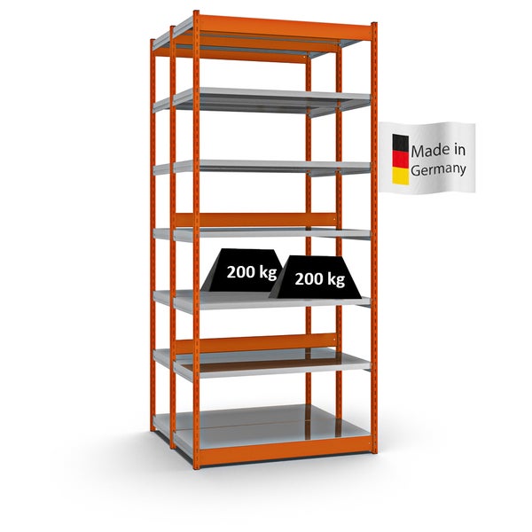 PROREGAL Fachbodenregal Stecksystem Vierkant-Profil Grundregal HxBxT 300 x 132,5 x 50 cm 2x7 Ebenen Doppelseitige Bauart Fachlast 200 kg Orange