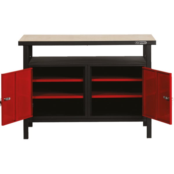 Werkbank mit Holzplatte, Metallgestell, Schrank und KS Tools Logo