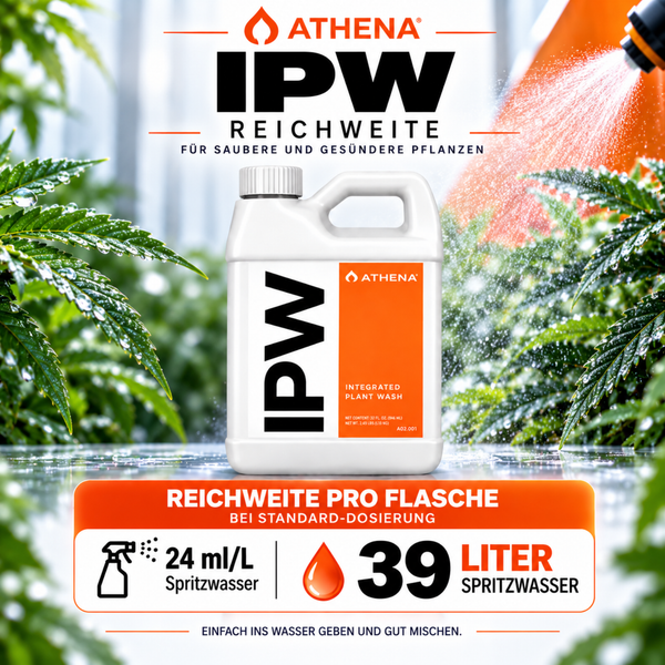 Athena IPW Integrated Plant Wash Pflanzenschutzmittel in Kunststoffflasche mit Dosierungsangabe fuer 39 Liter Spritzwasser.