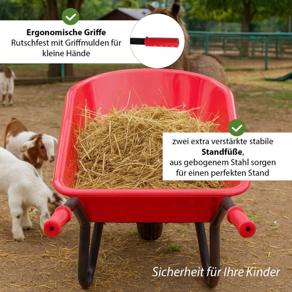 Rote Schubkarre mit Heu und ergonomischen Griffen, geeignet für Kinder