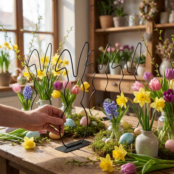 Dekorativer Osterhasen Aufsteller aus schwarzem Metall auf einem Holztisch mit Frühlingsblumen und Ostereiern als festliche Tischdekoration.