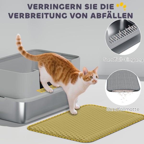 Katzentoilette mit Edelstahlschale, Kunststoffoberteil, Sandfall-Eingangsgitter und einer Waben-Vorlegematte zum Auffangen von Streu.