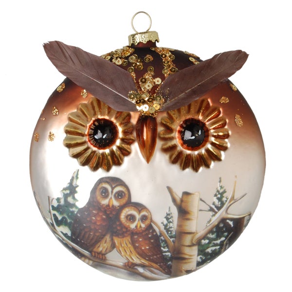 Diskusform 12cm mit Eulendekoration Glasornament, mundgeblasen und handekoriert, 1 Stck., Weihnachtsbaumkugeln, Christbaumschmuck, Weihnachtsbaumanhänger