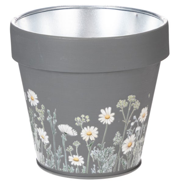 Grauer Zink-Blumentopf mit Gänseblümchen-Motiv und silberner Innenseite.