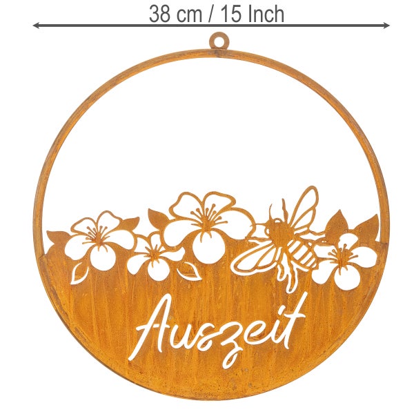 Dekoring aus Metall in Rost-Optik mit Schriftzug Auszeit, Blumen und Biene, Durchmesser 38 cm.