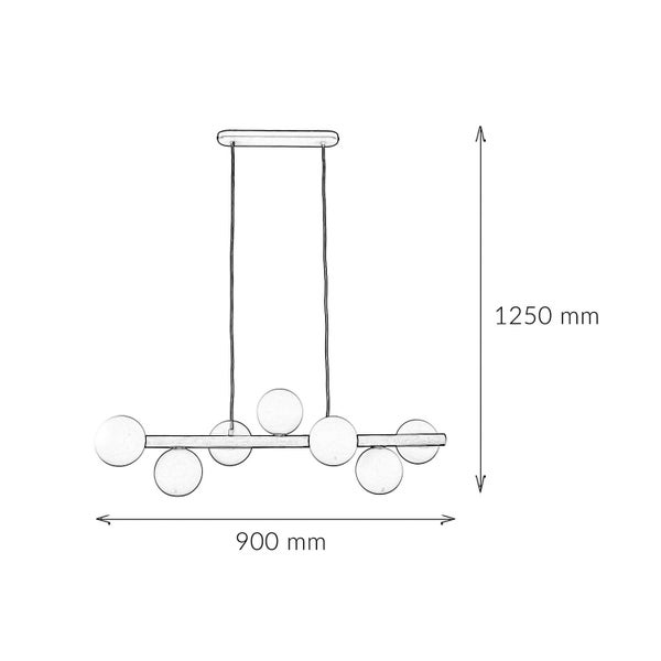 Abbildung einer Hängeleuchte mit den Maßen 900 mm Breite und 1250 mm Höhe.