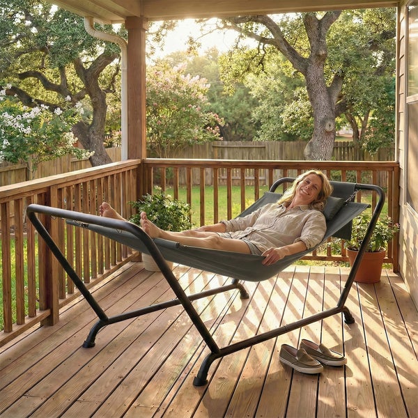 Frau liegt in einer freistehenden Hängematte mit Metallgestell auf einer Holzterrasse vor einem Garten mit Bäumen.