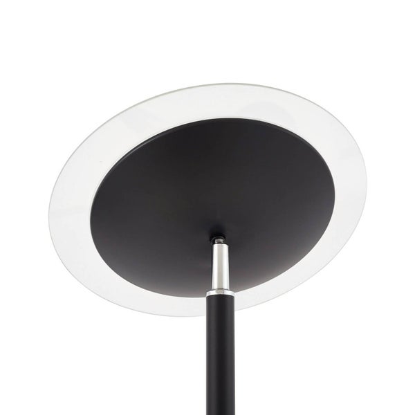Runde Leuchte mit schwarzem Gehäuse und transparentem Ring an einer schwarzen Stange.