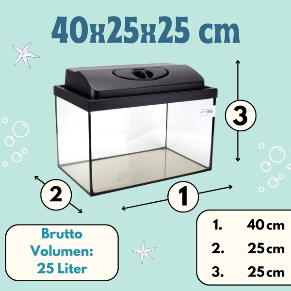 Aquarium mit den Maßen 40 x 25 x 25 Zentimeter und einem Bruttovolumen von 25 Litern.