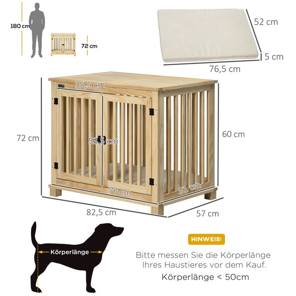 Pawhut Hundekäfig, Tierkäfig aus Holz, Haustierkäfig für mittelgroße Hunde, Hundehütte mit Kissen, Hundebox, Indoor, Naturholz+Cremeweiß, 82,5 x 57 x 72 cm