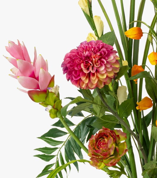 Künstliches Blumenarrangement mit Dahlie, Mohn, Freesie und Pampasgras.