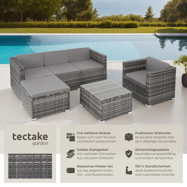 Rattan Lounge tectake Lignano variabel aufstellbar für 4 bis 5 Personen grau