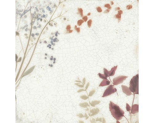 Wandfliese mit botanischem Muster und Craquelé-Effekt.