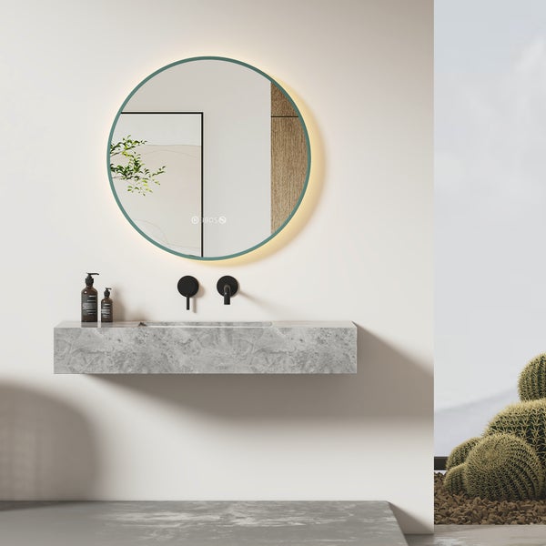EMKE Badezimmerspiegel mit Beleuchtung Ø 60 cm, 4300K Neutralweiß, mit Touchschalter, LED-Uhr- und Temperaturanzeige,  Anti-Beschlag, elegantem grünem Rahmen, Wandspiegel für das Badezimmer