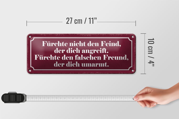 Blechschild Spruch 27x10cm fürchte nicht den Feind der Dekoration