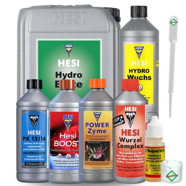 Hesi Pflanzendünger-Set mit Hydro Blüte, Hydro Wuchs, PK 13/14, Boost, Power Zyme, Wurzel Complex, SuperVit, Zubehör, Hesi Logo und Veedness Logo.