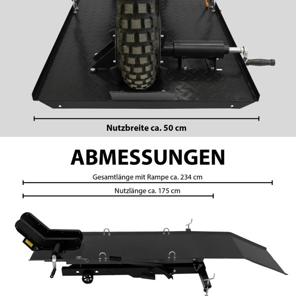 Abmessungen einer Motorradhebebühne mit Angabe der Nutzbreite, Nutzlänge und Gesamtlänge mit Rampe.