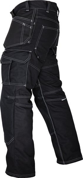 Schwarze Arbeitshose mit weißen Nähten und mehreren Taschen