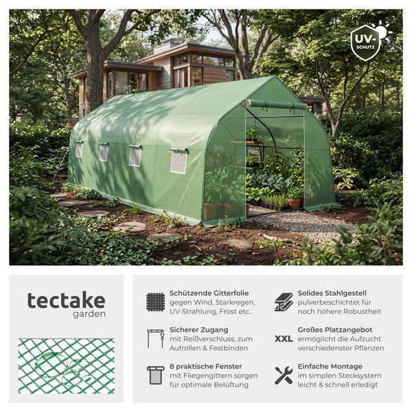 tectake Gewächshaus Folientunnel für den Garten mit UV-Schutz, stabilem Stahlgestell, Gitterfolie, Reißverschluss-Eingang und 8 Fenstern.