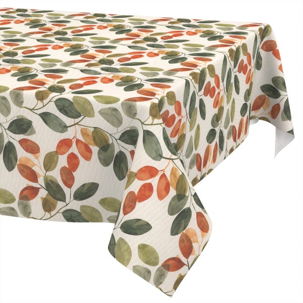 Rechteckige Tischdecke mit grünem und orangefarbenem Blättermuster im Aquarellstil.